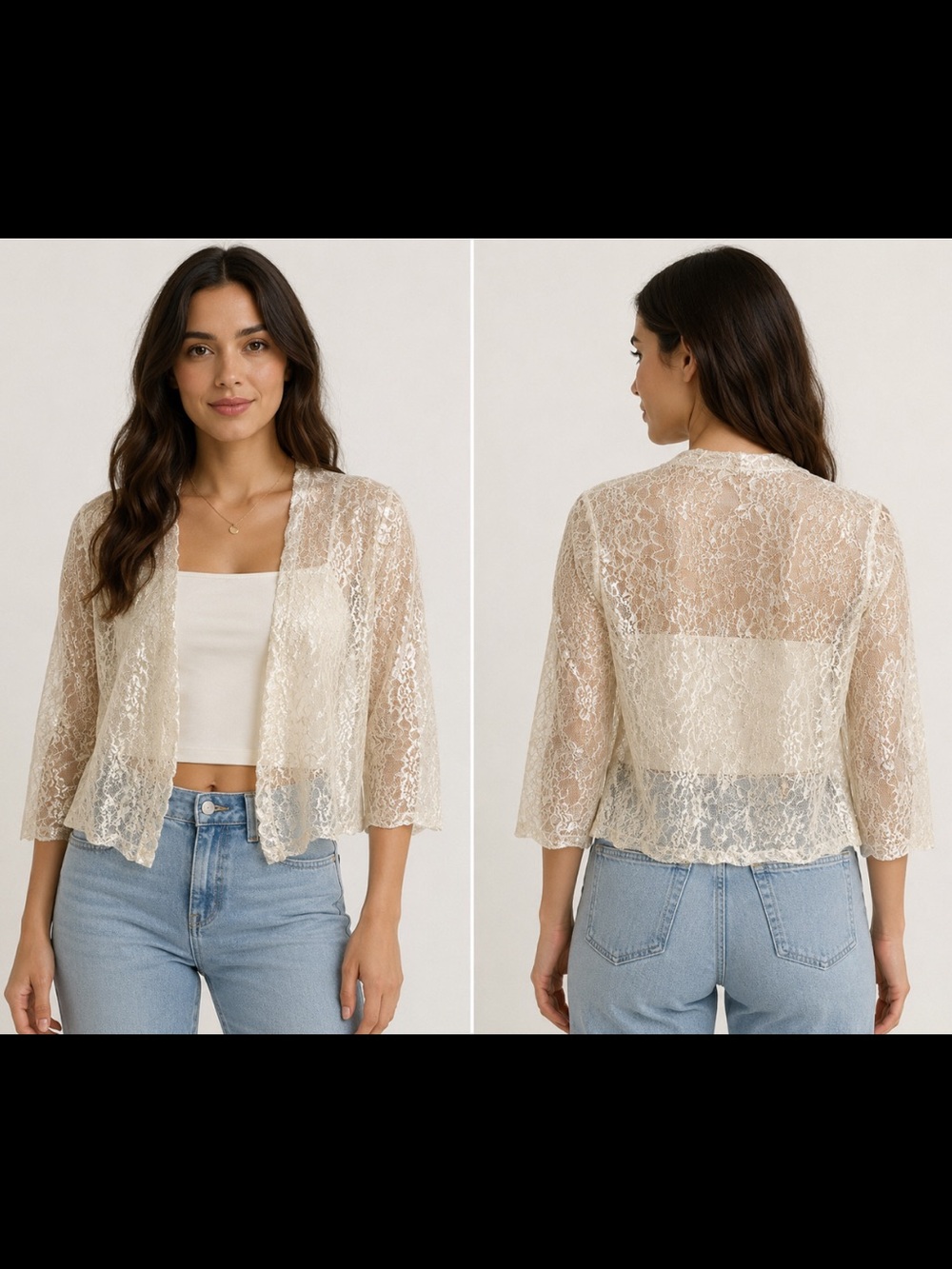 Sheer Lace Open-Front Cardigan - Cream - Picture 3 of 3